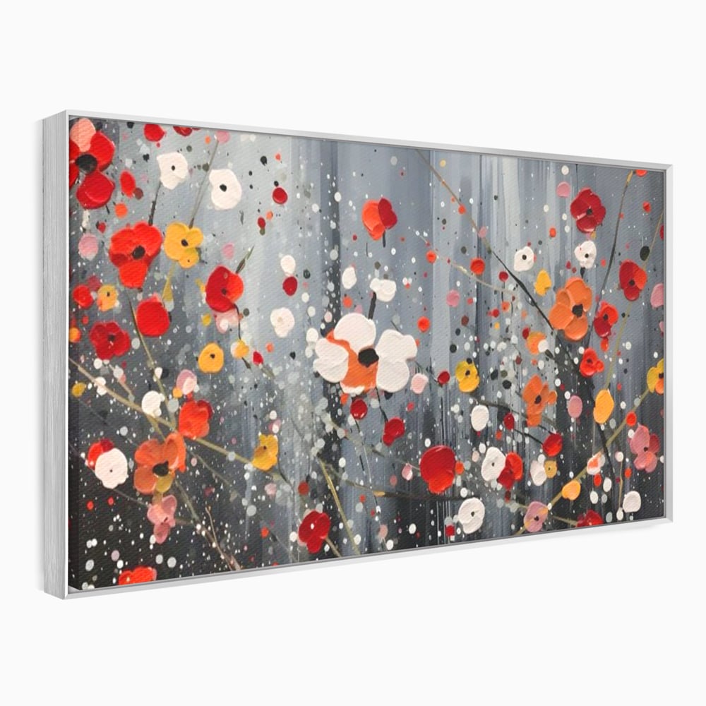 Tablou canvas cu pictura abstracta cu flori si stropi, in rama de aluminiu argintiu